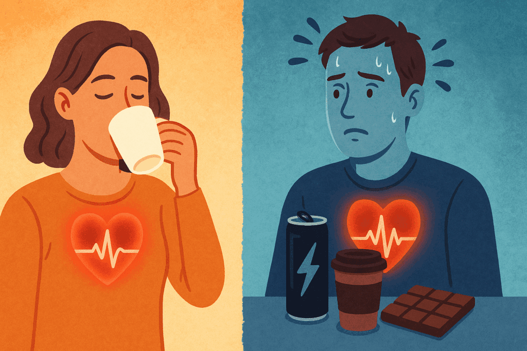 Split-screen illustration showing how coffee affects blood pressure, comparing calm response to one cup versus elevated stress from multiple caffeine sources.