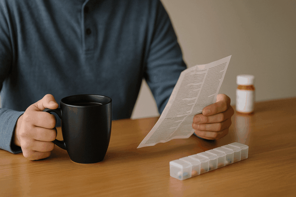 Person reading medication instructions while holding coffee, highlighting how coffee affects blood pressure and prescription timing.