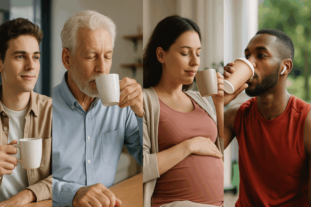 Diverse individuals including a young adult, senior, pregnant woman, and athlete drinking coffee in different settings, illustrating how coffee affects blood pressure across populations.