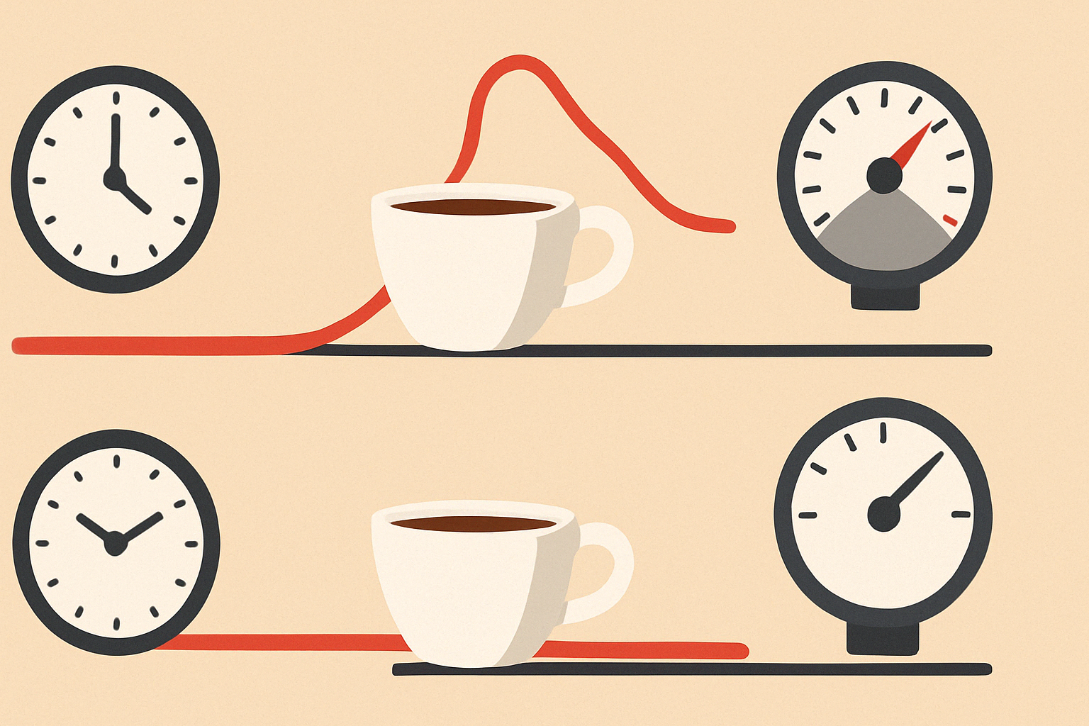 Infographic illustrating how coffee affects blood pressure with a short-term spike and long-term normalization shown using clocks, coffee cups, and pressure gauges