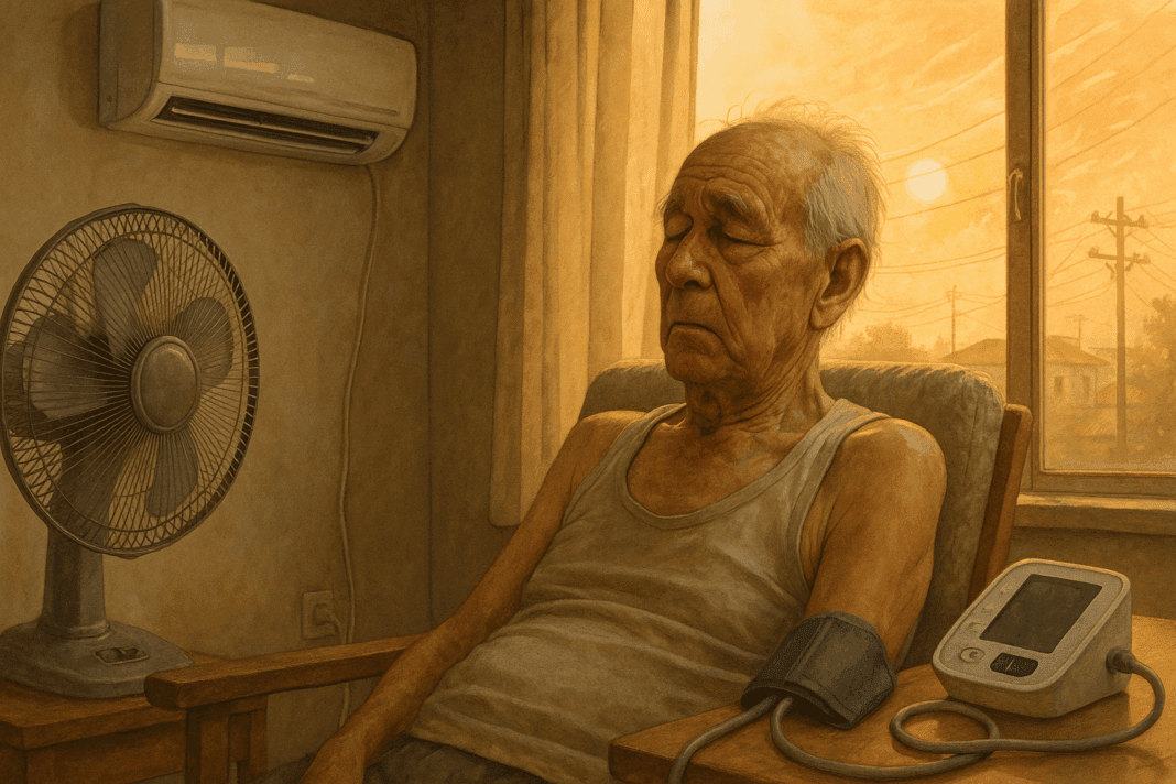 Elderly man resting indoors with a blood pressure monitor during extreme summer heat, illustrating how does heat affect your blood pressure.