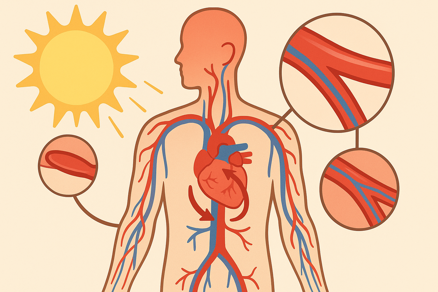 Medical diagram showing how does heat affect your blood pressure with dilated blood vessels, increased heart rate, and sun-induced thermoregulation