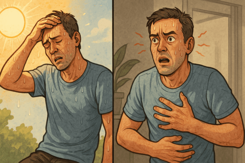 Split-screen showing how does heat affect your blood pressure—left side depicts a man fainting from outdoor heat, right side shows same man indoors with rapid heart rate and stress.