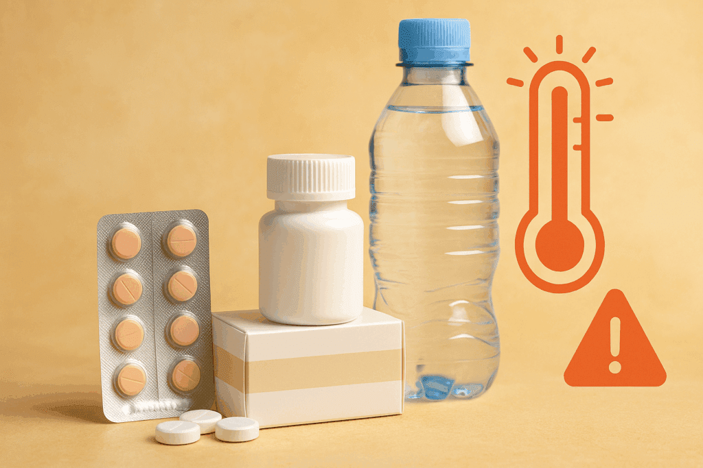 Antihypertensive medications near a water bottle and rising thermometer with warning icon, illustrating how does heat affect your blood pressure.