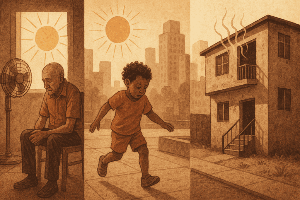 Elderly man in a hot room, child playing on sunlit concrete, and low-income housing with heat waves—visualizing how does heat affect your blood pressure in vulnerable populations.