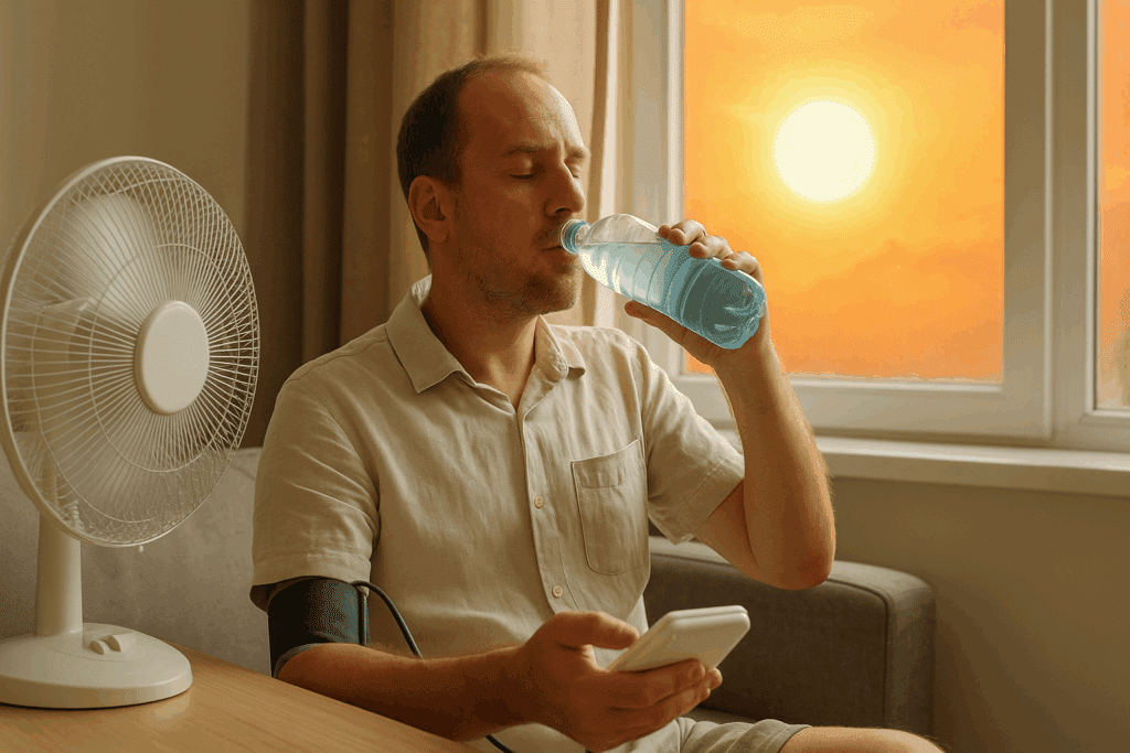 Man with high blood pressure staying cool indoors with a fan and electrolyte water, showing how does heat affect your blood pressure.