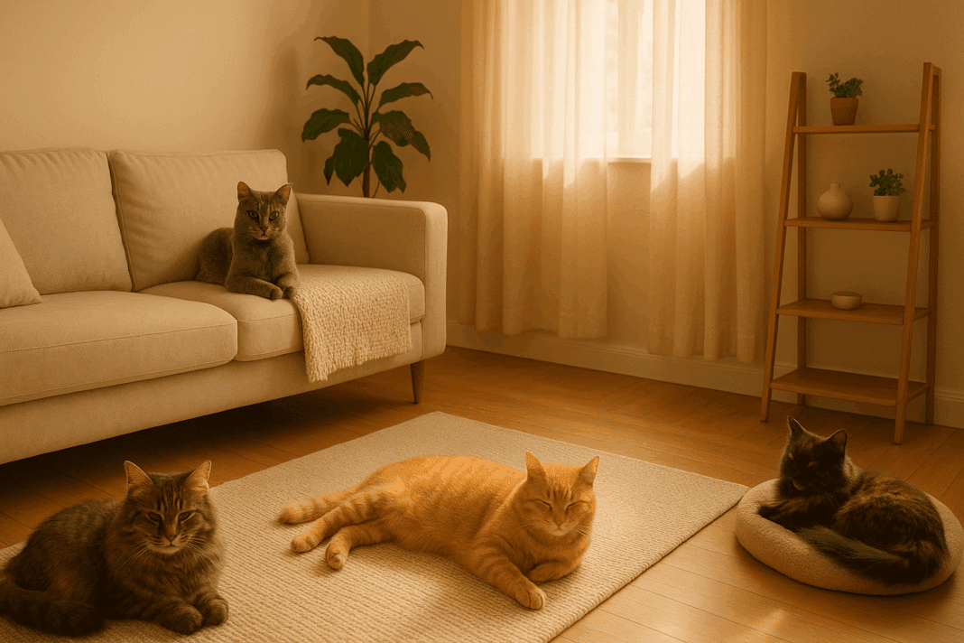 Four cats relaxing in a cozy, sunlit living room with soft furnishings and warm tones, illustrating harmony in multi-cat households.