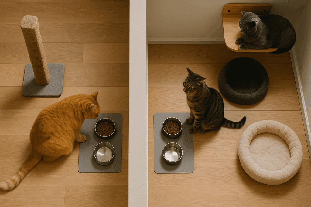 Top-down view of a home with divided feeding areas, perches, and beds illustrating territorial behavior in multi-cat households.