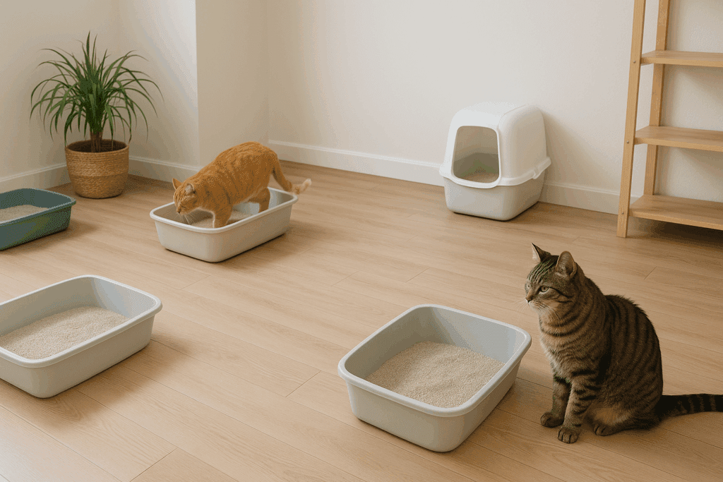 Clean indoor setup with four litter boxes spaced apart, showing two cats maintaining distance—ideal layout for multi-cat households.