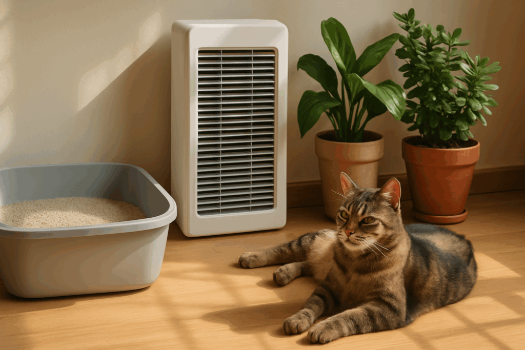 Relaxed tabby cat resting near a clean litter box, air purifier, and non-toxic plants in a sunlit room, reflecting healthy multi-cat households.