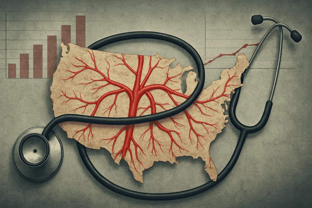Collage showing a stethoscope wrapped around a U.S. map with red arteries and rising charts, symbolizing how many Americans have hypertension.