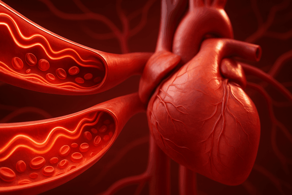 3D medical visualization showing blood flowing through arteries with dynamic pressure waves and heart pumping, illustrating How many Americans have hypertension.