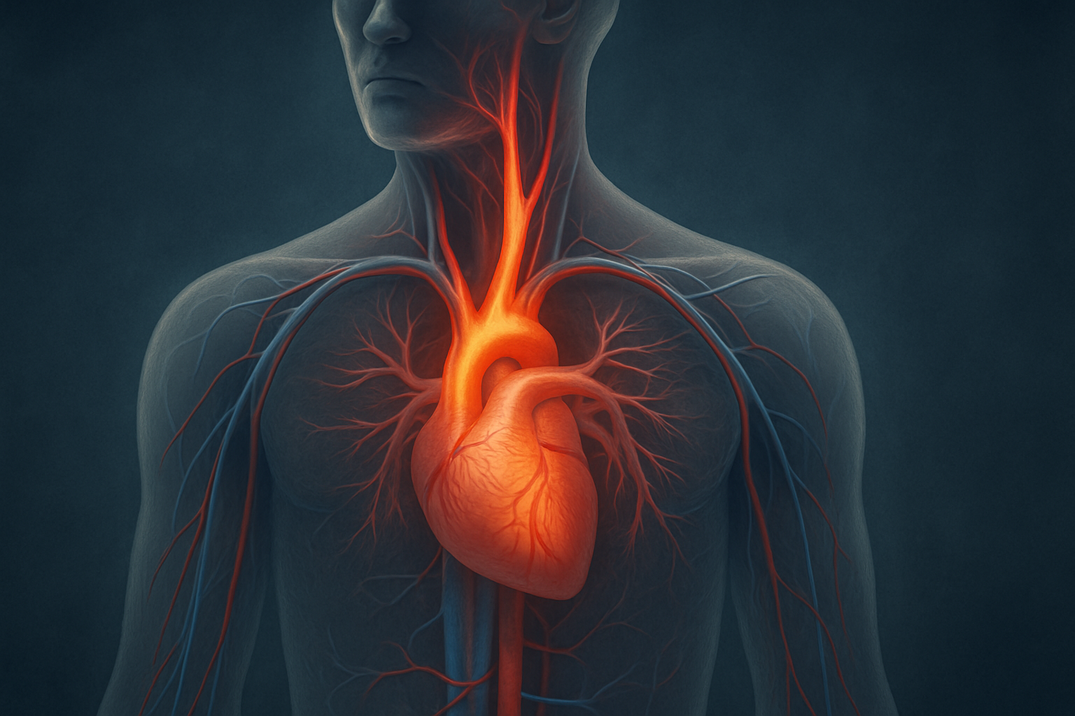 Anatomical diagram of human circulatory system highlighting the aorta to illustrate blood flow and answer how many Americans have hypertension.