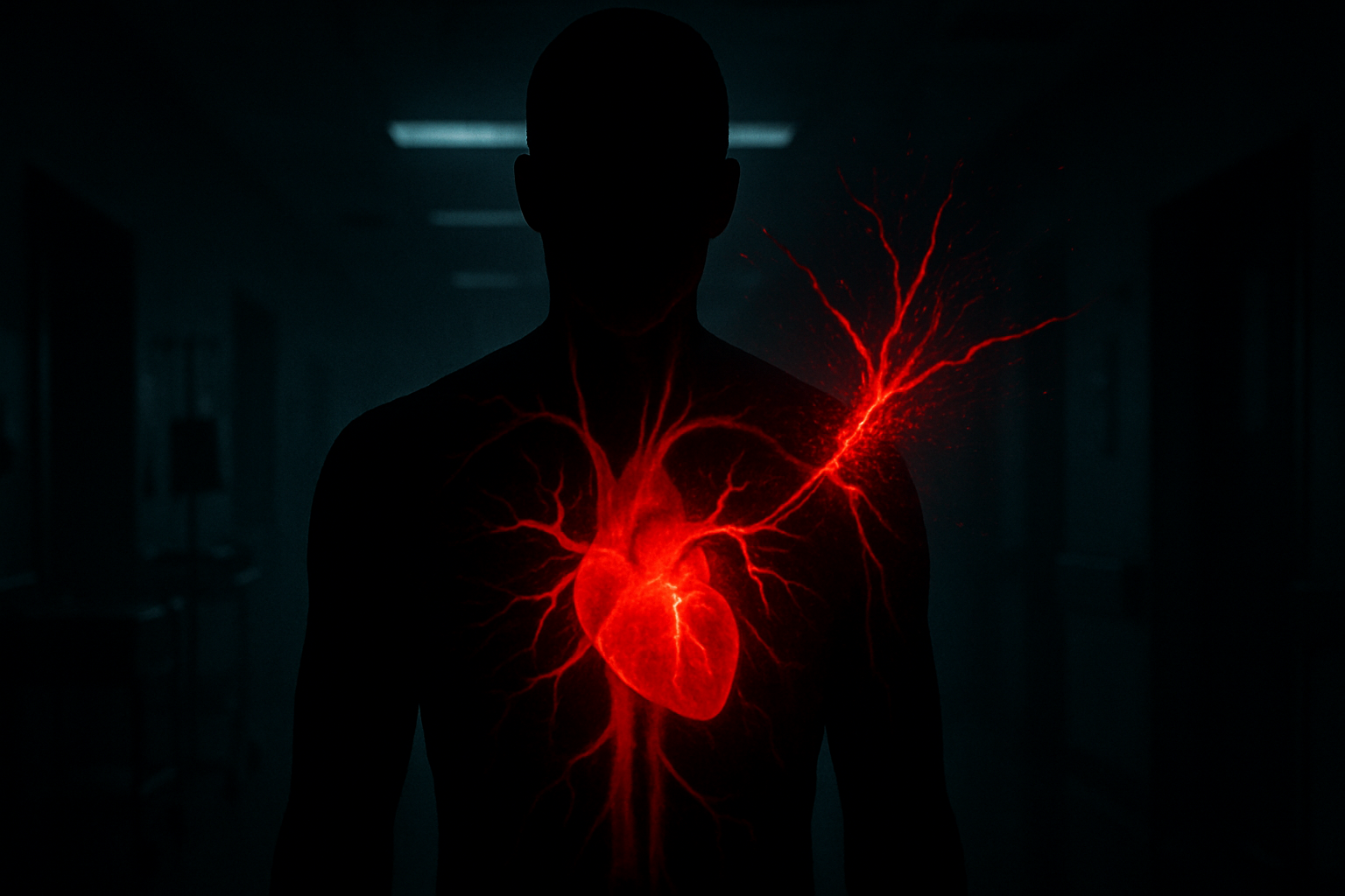 Silhouette of a human figure with glowing red heart and stressed arteries in a hospital corridor, symbolizing the severity of How many Americans have hypertension.