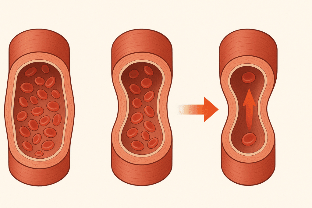 Medical illustration series showing how vasoconstriction affects blood pressure by narrowing artery walls and restricting blood flow.