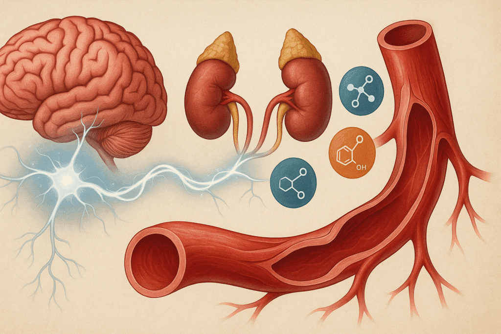 Conceptual illustration showing how vasoconstriction affects blood pressure via neural signals from the brain and hormonal triggers from adrenal glands.