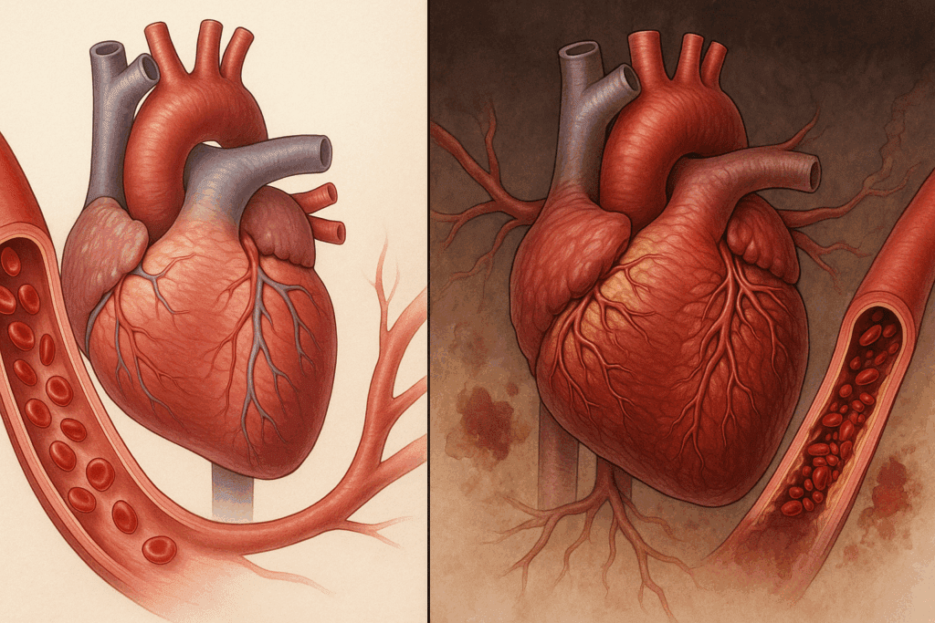Split medical illustration showing how vasoconstriction affects blood pressure, with a healthy heart on one side and a hypertrophied heart with narrowed arteries on the other.