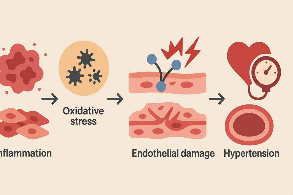Medical infographic illustrating how vasoconstriction affects blood pressure through inflammation, oxidative stress, and endothelial damage