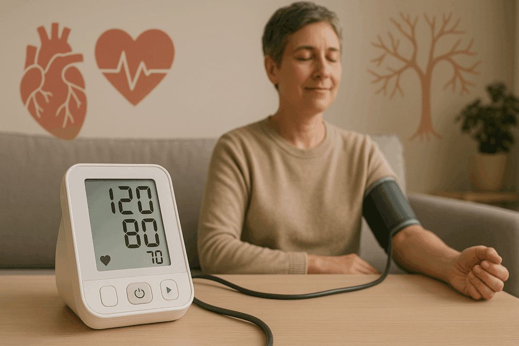 Middle-aged person using a digital monitor in a calm home setting, demonstrating how to read bp measurement accurately