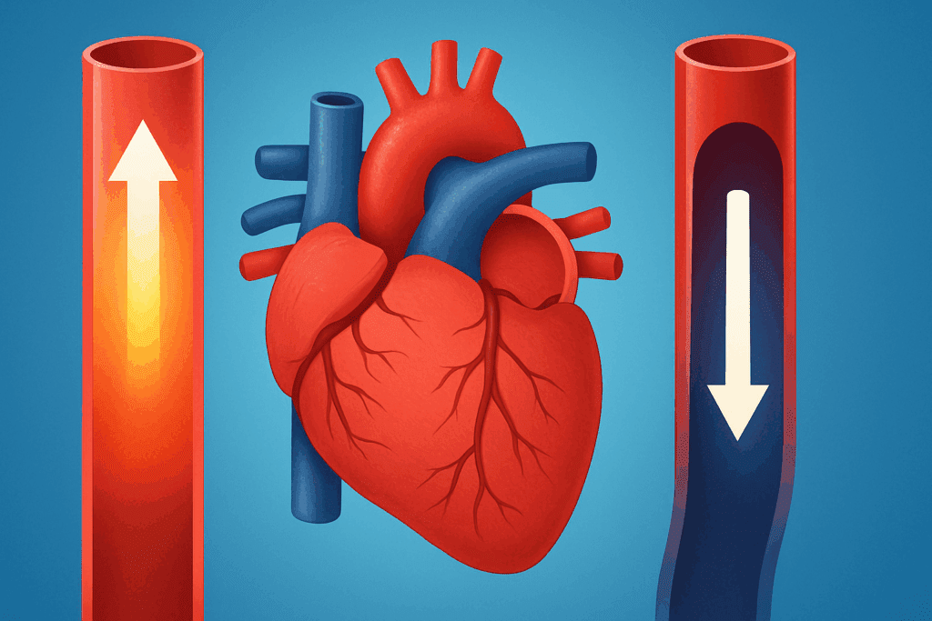Illustration showing how to read BP measurement with arrows indicating systolic and diastolic blood flow through the heart and arteries