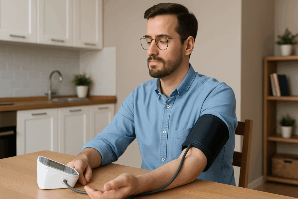 Man seated calmly in a kitchen using a digital monitor, demonstrating how to read bp measurement correctly at home.