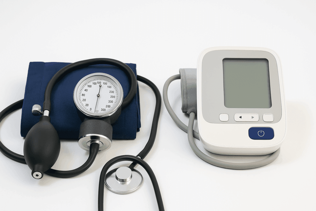 Manual and digital blood pressure monitors side by side on a white background, showing key components for learning how to read bp measurement.