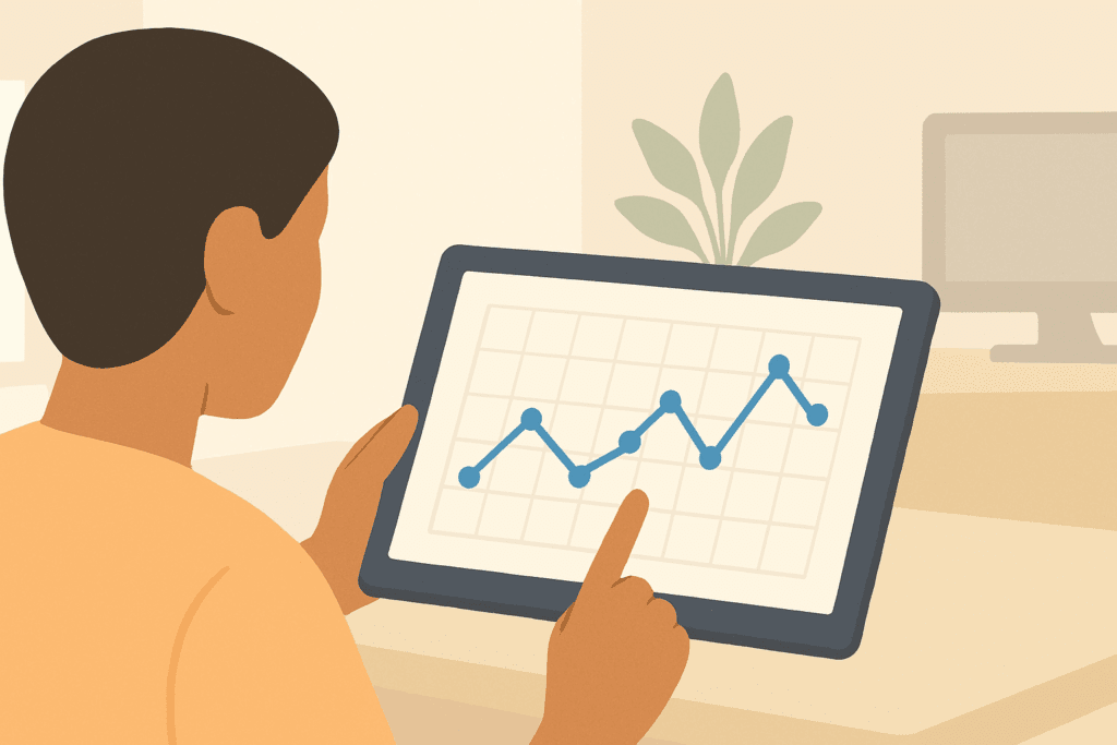 Person reviewing a digital line chart of blood pressure trends on a tablet at home, illustrating how to read bp measurement visually.