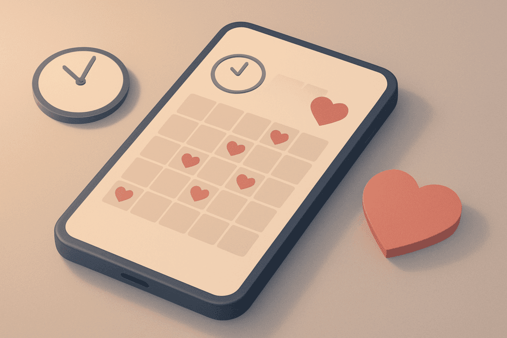 Smartphone screen showing a heart-marked calendar and clock icon to illustrate how to read bp measurement through regular monitoring schedules