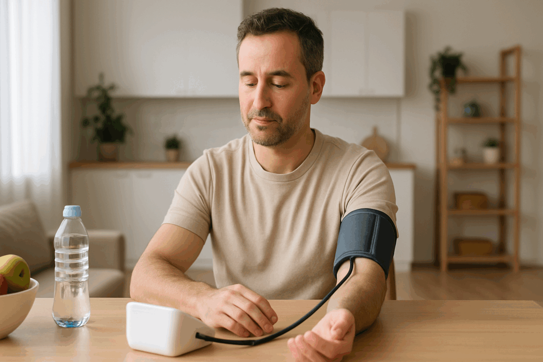 Man using a digital blood pressure cuff at home, demonstrating how to read a BP monitor in a calm, well-lit kitchen setting