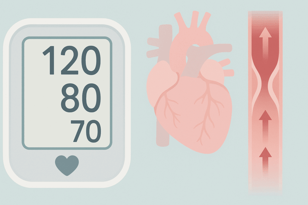 Digital display showing 120/80 mm Hg with heart and artery illustration explaining how to read a BP monitor visually