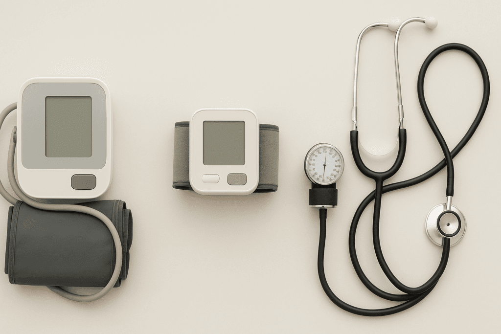 Three types of devices used in guides on how to read a BP monitor—digital upper arm, wrist, and manual sphygmomanometer—displayed on a neutral background