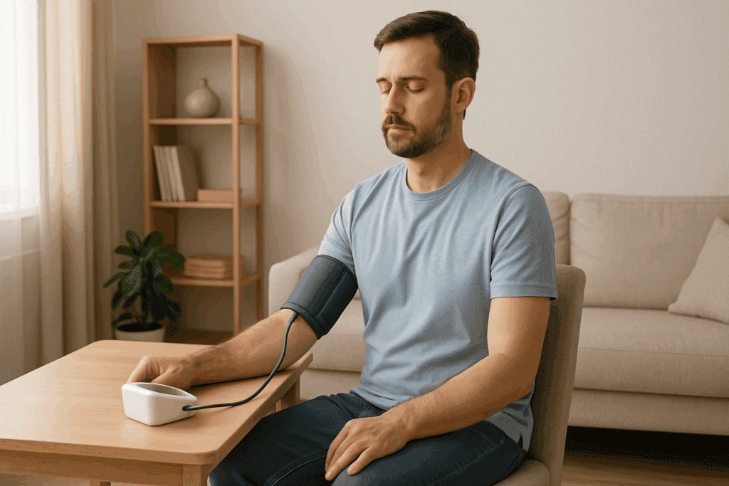 Man seated at home in a calm setting demonstrating how to read a BP monitor with proper posture and arm positioning.