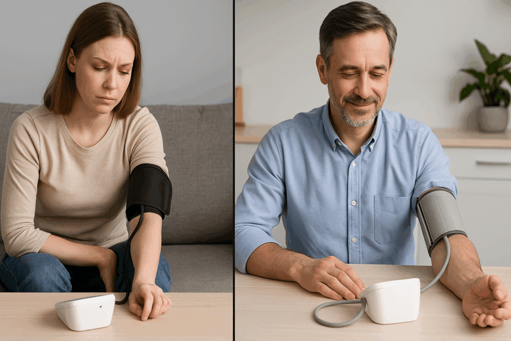 Side-by-side comparison of correct and incorrect posture and cuff placement showing how to read a BP monitor accurately at home