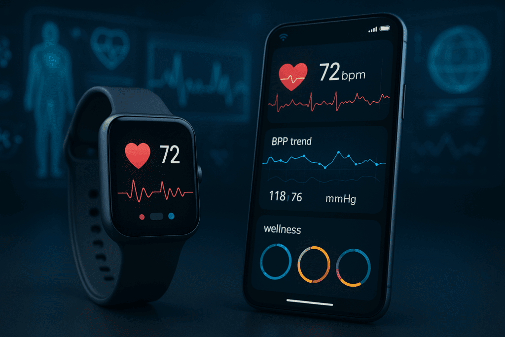 Smartwatch and smartphone displaying heart rate, BP trends, and wellness data, illustrating how to read a BP monitor in digital health apps.