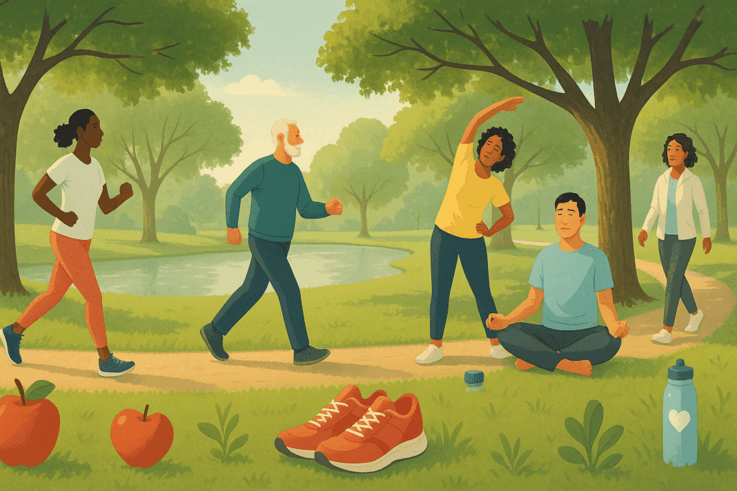Diverse adults walking, stretching, and meditating in a park during morning exercise for hypertension prevention.