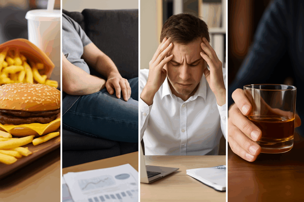Lifestyle collage showing key hypertension prevention challenges: fast food, sedentary behavior, work stress, and alcohol consumption.
