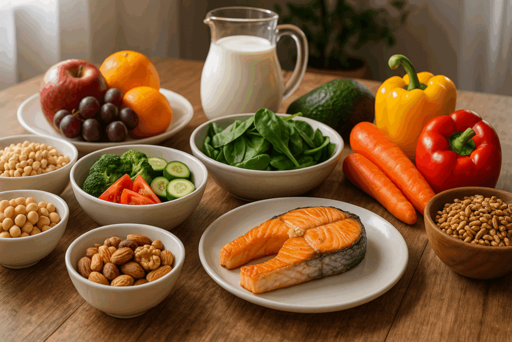Table set with DASH diet foods like grilled salmon, fresh fruits, vegetables, nuts, and low-fat dairy, promoting hypertension prevention.