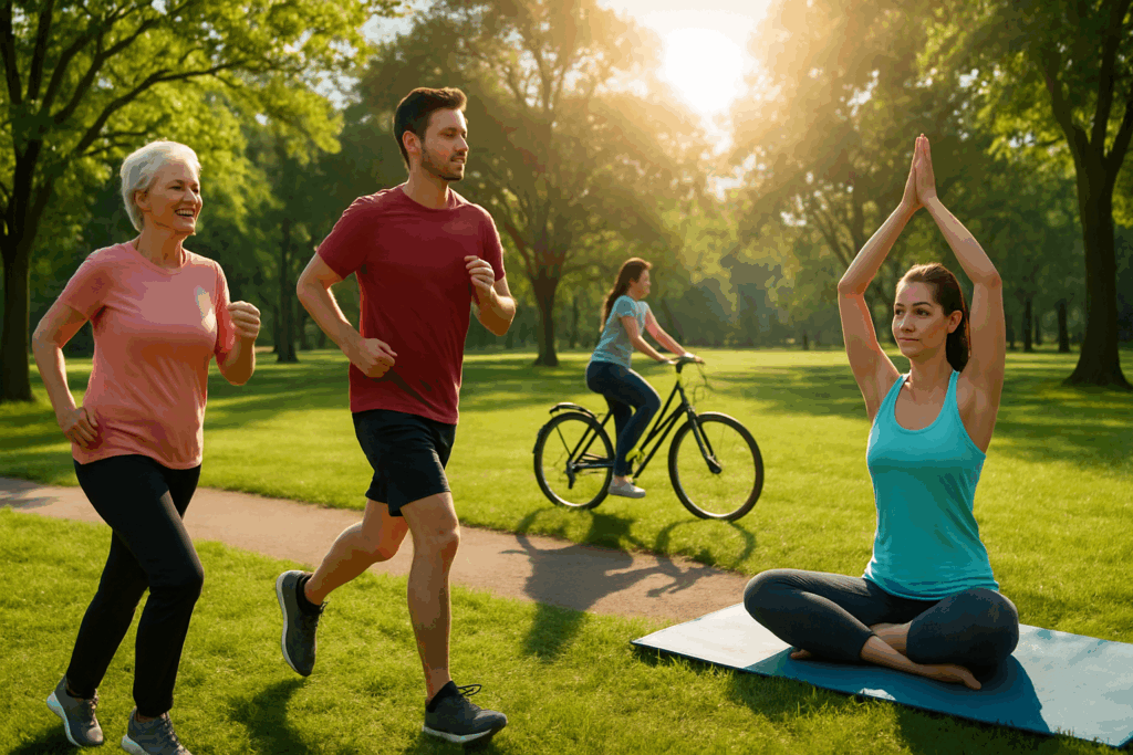 People of different ages exercising outdoors in a sunny park—walking, jogging, cycling, and doing yoga—as part of a healthy lifestyle for hypertension prevention.