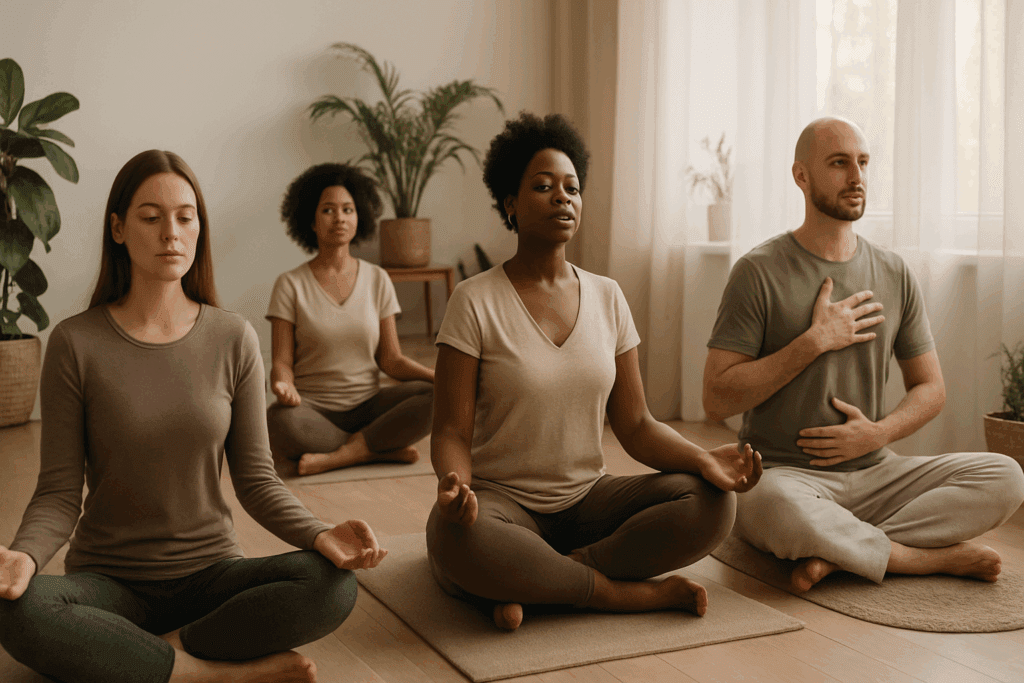 Diverse group practicing meditation and deep breathing in a sunlit room with plants, promoting relaxation and hypertension prevention