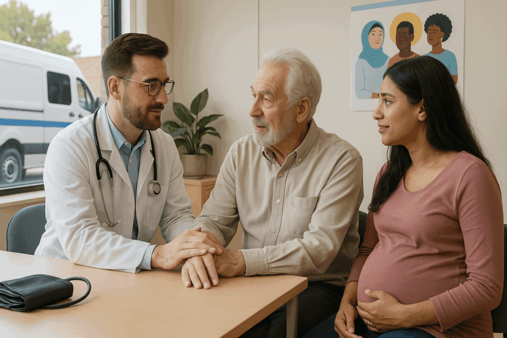 Doctor providing hypertension prevention guidance to an elderly man and pregnant woman in a culturally inclusive clinic setting.