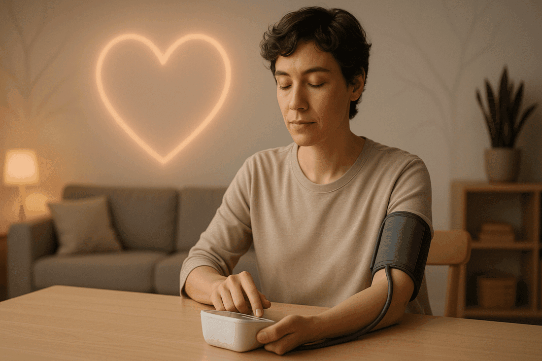 Androgynous adult checking 135 over 85 blood pressure with a digital monitor in a softly lit, modern home setting.