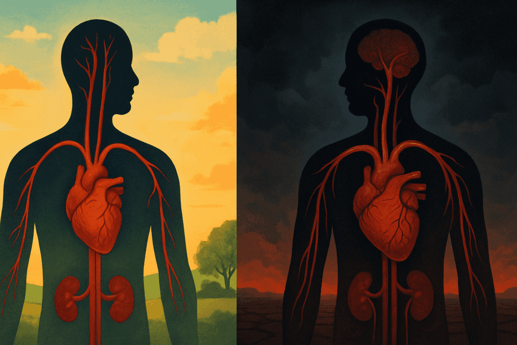 Split-screen illustration showing the long-term health effects of 135 over 85 blood pressure, with one side depicting a healthy cardiovascular system and the other showing artery damage and organ stress.