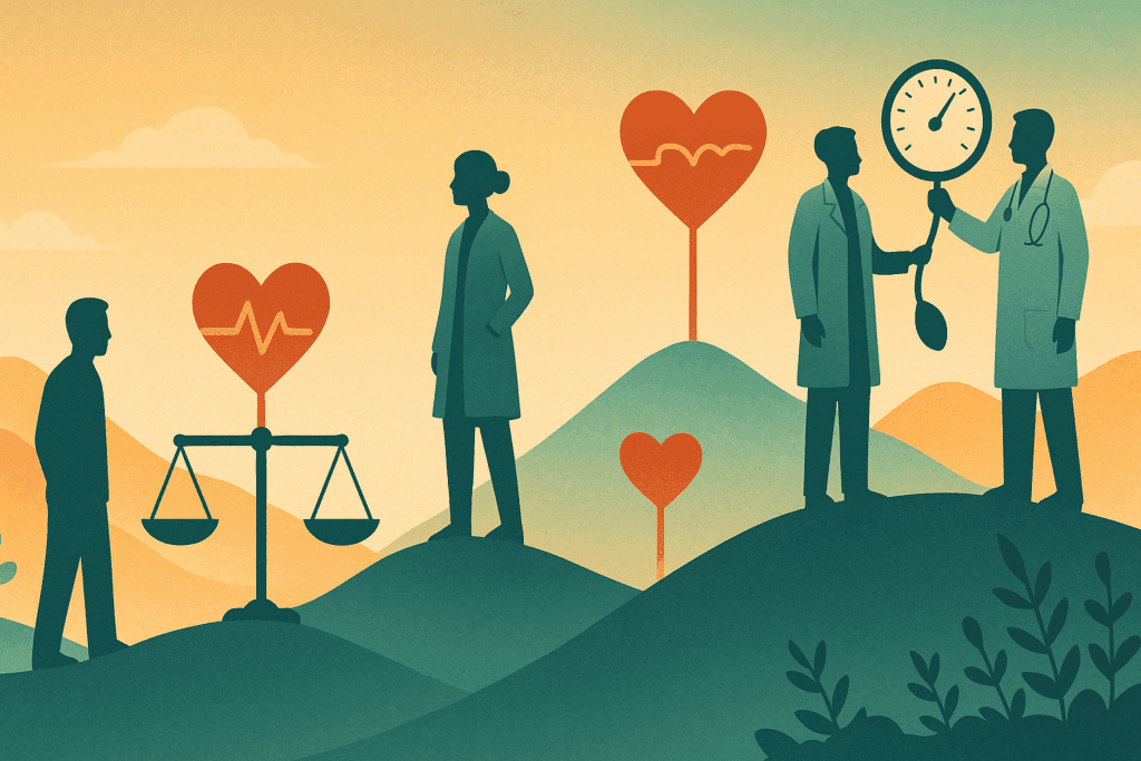 Conceptual timeline illustration showing the evolution of 135 over 85 blood pressure guidelines with doctors, heart icons, and symbolic scales in a medical landscape