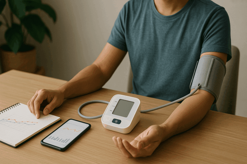 Person self-monitoring 135 over 85 blood pressure at home using a digital cuff, with health data visible on a smartphone and notebook.