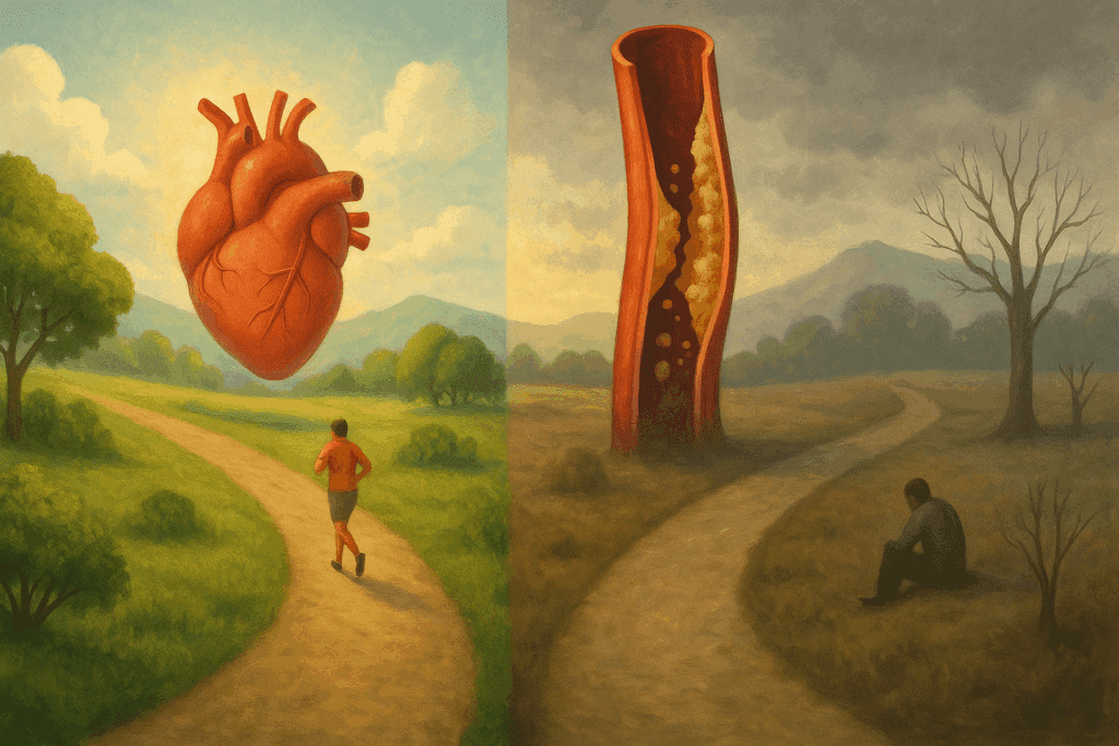 Split landscape showing lifestyle outcomes of 135 over 85 blood pressure, with a healthy path featuring an active person and heart, and an unhealthy path with plaque buildup and a sedentary figure.