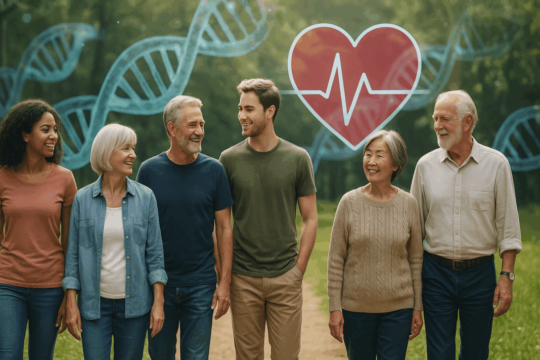 Multigenerational group walking in a park with digital DNA strands and a heart graphic in the background, symbolizing how is hypertension hereditary across ages.