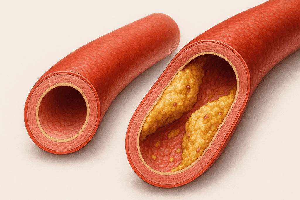 Cross-section comparison of a healthy artery and one narrowed by plaque buildup, illustrating how damage from high blood pressure may raise questions like is hypertension hereditary