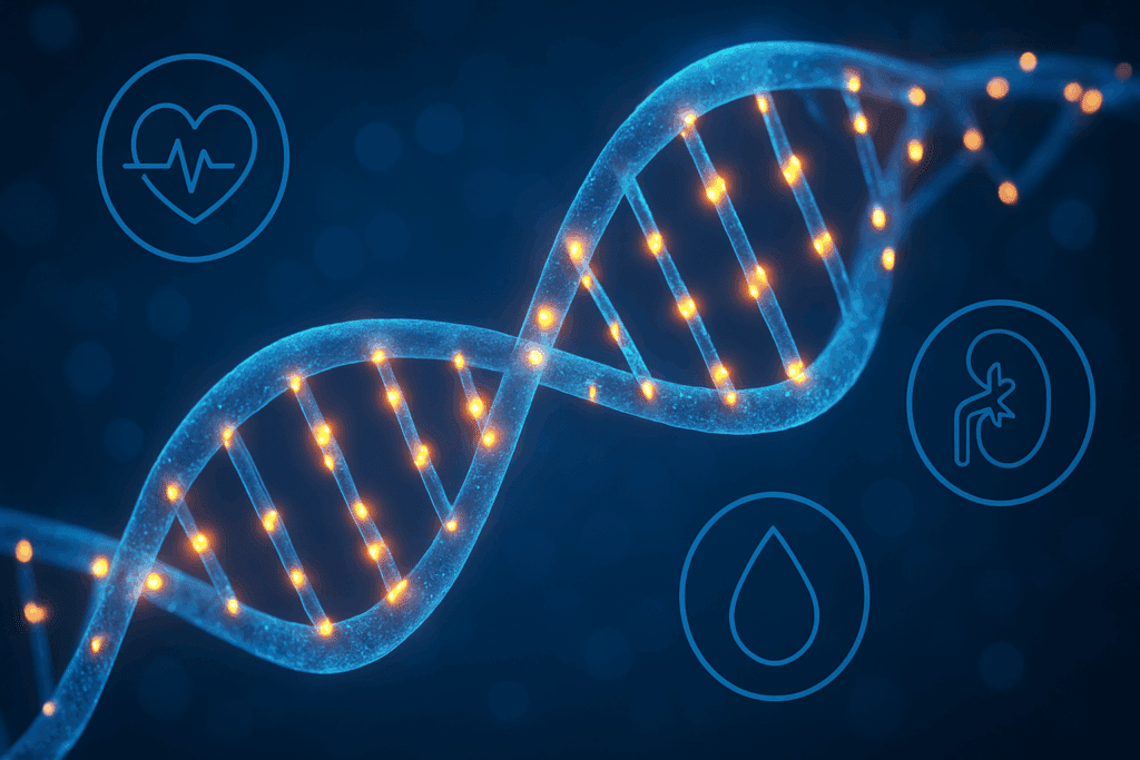 DNA strand with highlighted genetic loci surrounded by heart, kidney, and blood icons, illustrating the question is hypertension hereditary