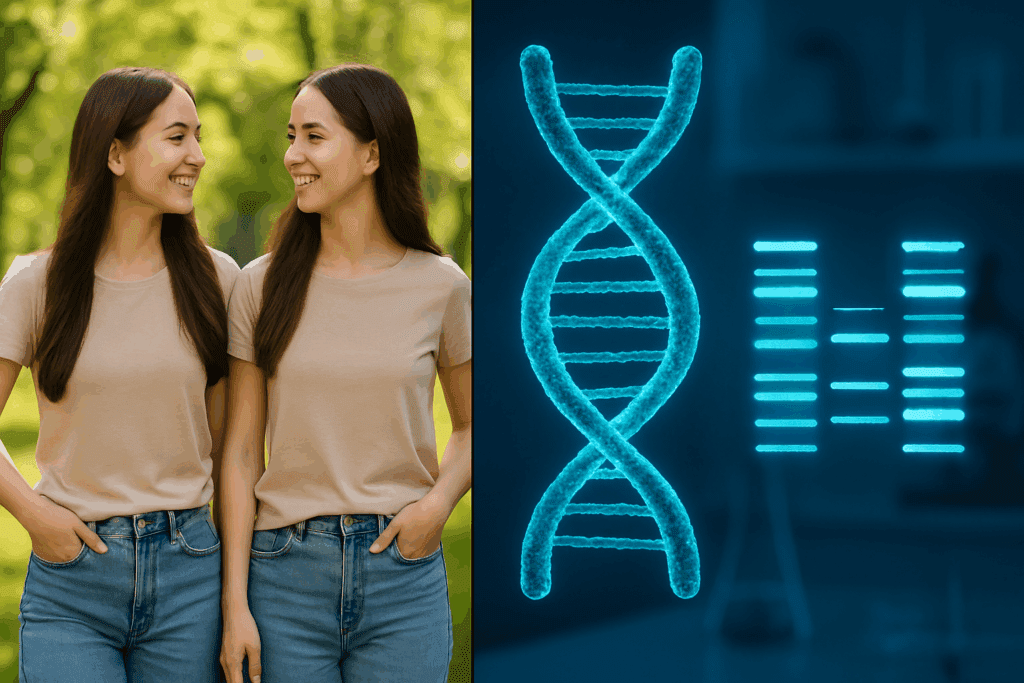 Identical twins walking in a park beside a digital DNA strand, visually exploring the question: is hypertension hereditary