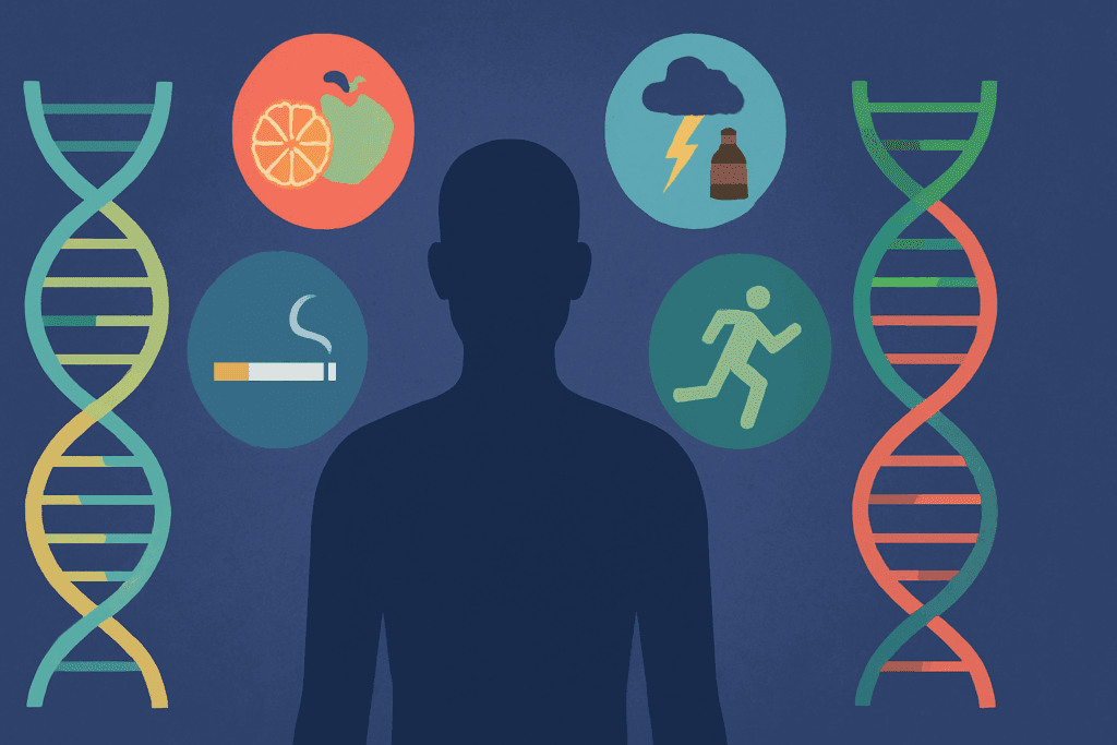 Silhouette of a human surrounded by icons of food, stress, toxins, and exercise, with colorful DNA strands illustrating gene expression changes, exploring is hypertension hereditary.